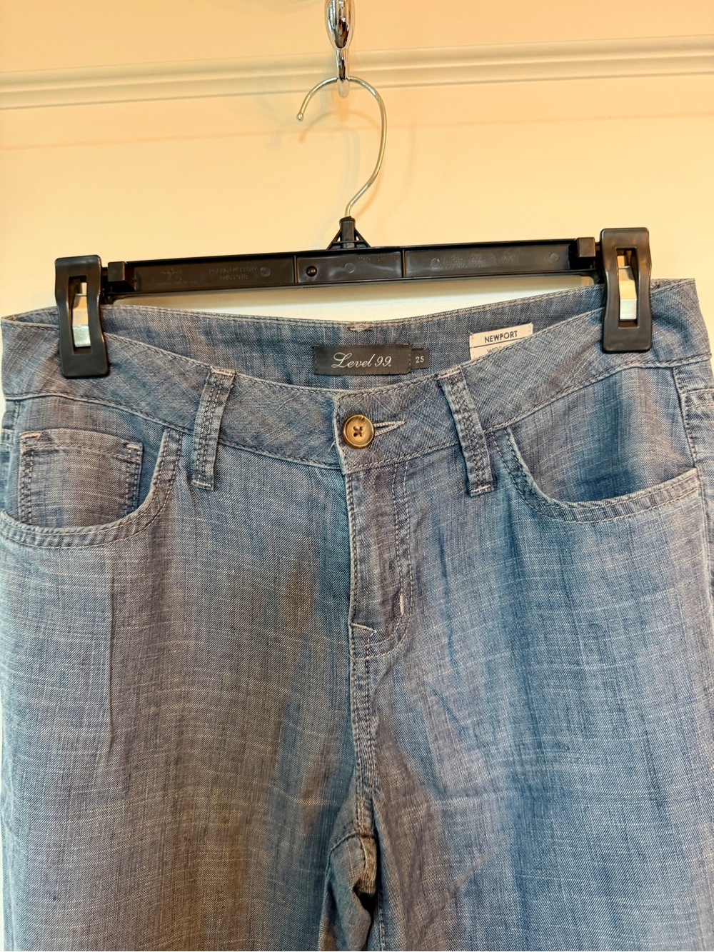 Anthropologie Level 99 Newport Wide Leg Chambray Pants in Faded Blue